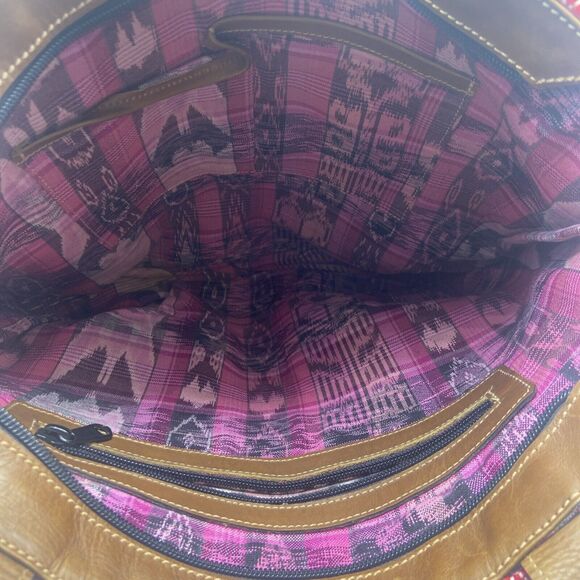 Woven Handmade Multicolor Boho Vegan Leather Trim Tote Bag - Picture 9 of 12